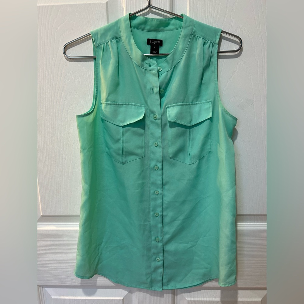J Crew Pistachio Green Sleeveless Preppy Button Up Blouse Size 0